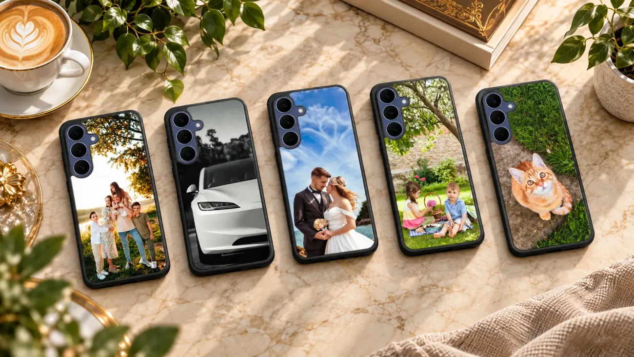 Personalizirani Ovitki za Samsung Galaxy S25 FE | Poceni-Ovitki.si Five smartphones in a row, each with a personalized photo case (family, car, wedding, kids, cat) on a marble table.