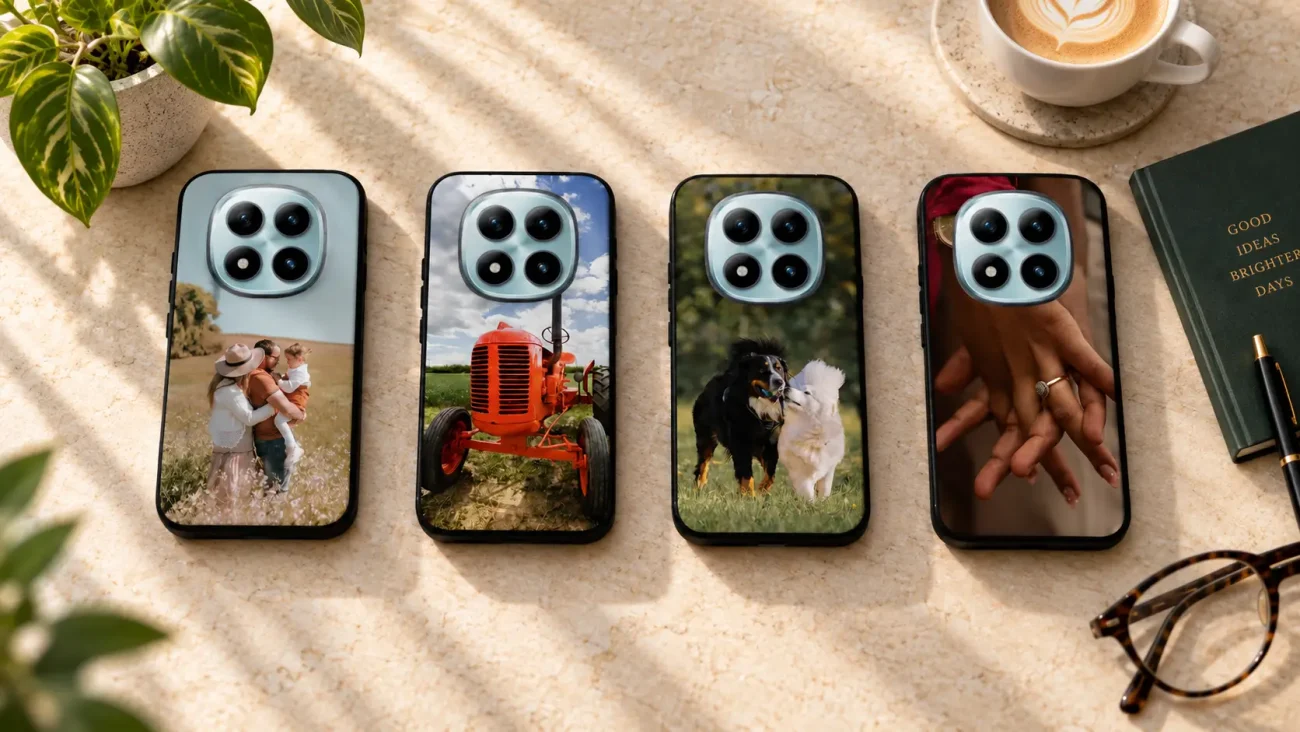 Four smartphone cases laid on a beige countertop, each featuring a different photo: a family in a meadow, a red tractor, two dogs running, and a close-up of hands with a ring.