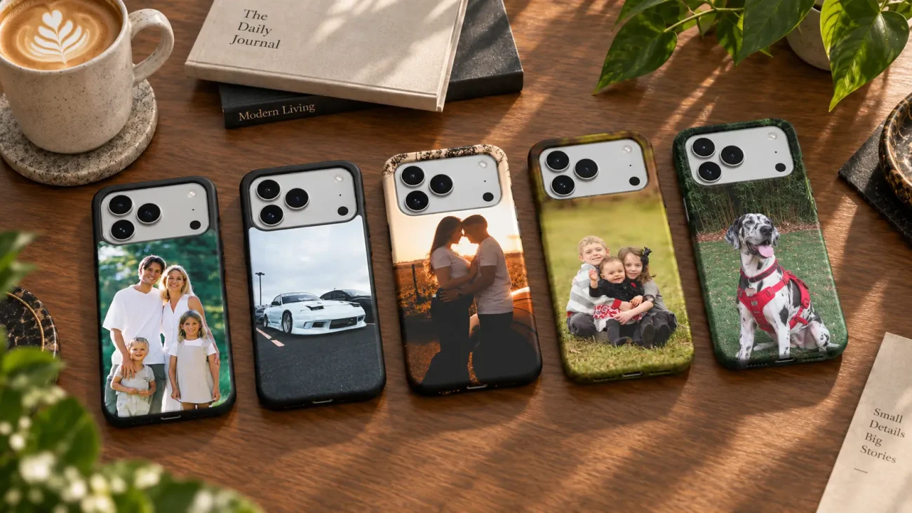 Set of iPhone cases with custom photo designs featuring a family, car, couple, kids, and dog on a wooden table.