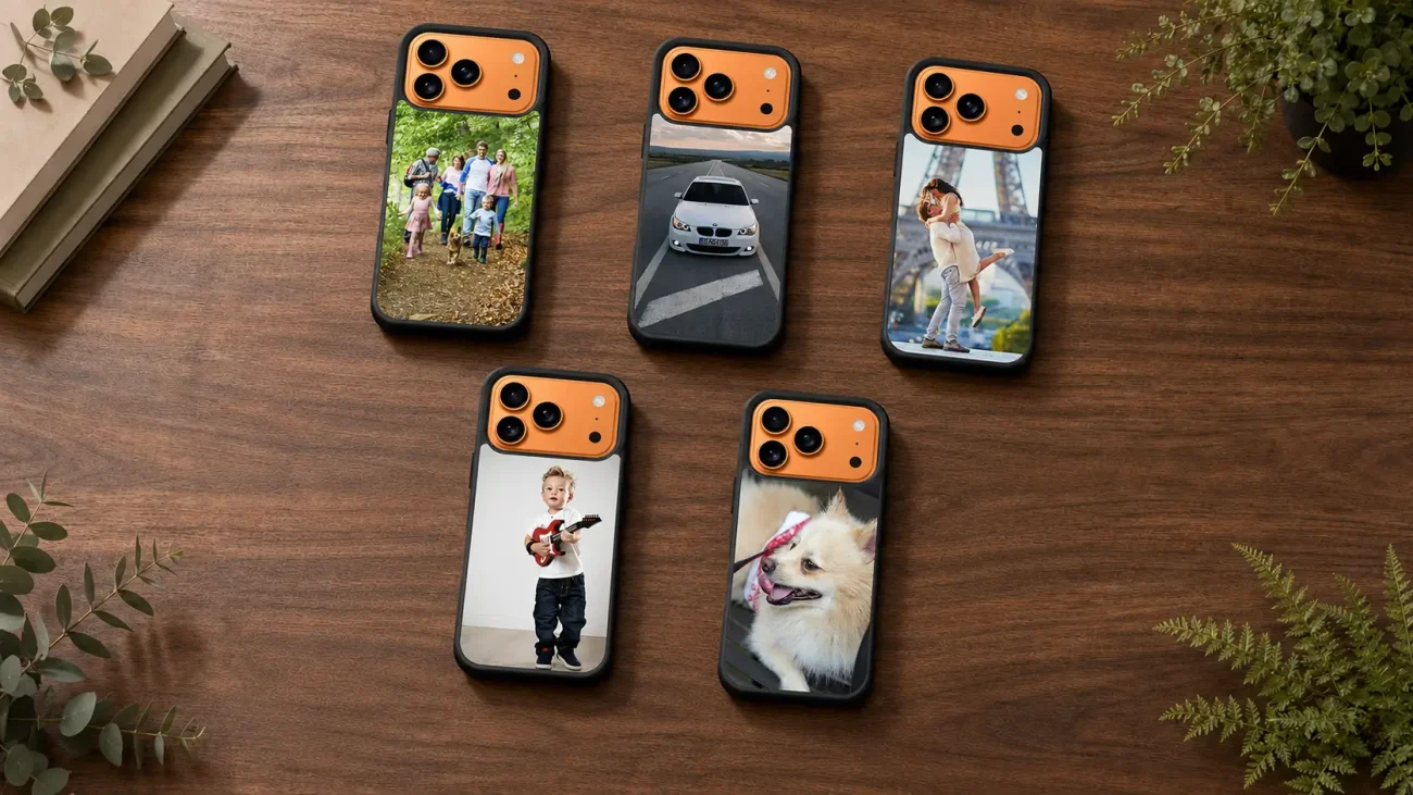Personalizirani ovitki za iPhone 17 Pro Max | Poceni-Ovitki.si Six iPhone cases with personalized photo backs arranged on a wooden table showing family, car, couple, child with guitar, and a dog images.