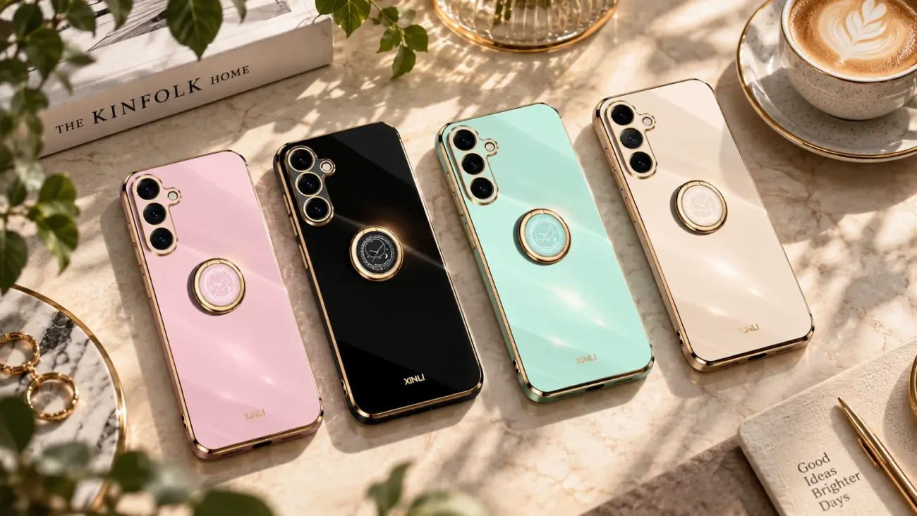 Platinum Ring Ovitki za Samsung Galaxy S25 FE | Poceni-Ovitki.si Four luxury smartphones in pastel pink, black, mint green, and champagne lie on a marble table beside coffee and jewelry.