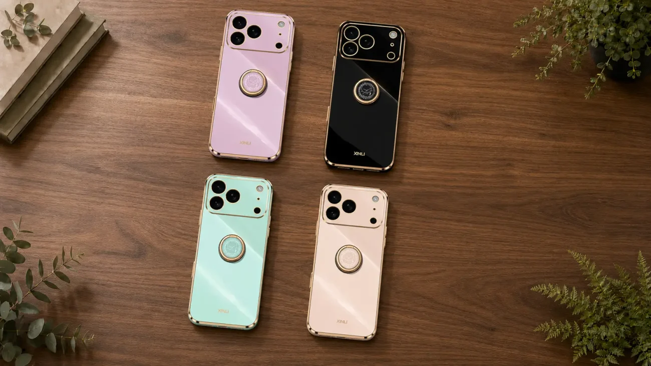 Platinum ring ovitki za iPhone 17 Pro Max | Poceni-Ovitki.si Four smartphones with three-camera backs in pastel colors arranged on a wooden table, each with a circular ring accessory on the back.
