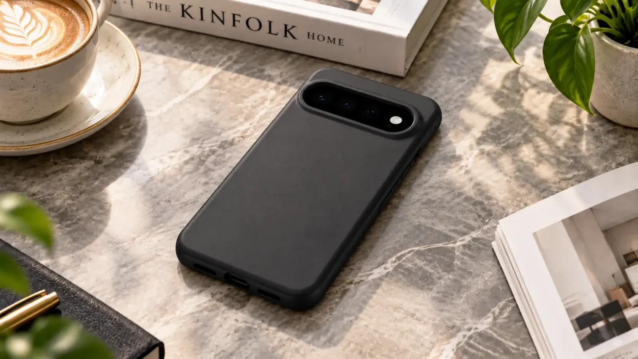 PremiumMAT Ovitki za Google Pixel 11 Pro | Poceni-Ovitki.si Black smartphone in a protective case lying on a marble desk beside a coffee cup and a plant, with a Kinfolk Home book nearby.