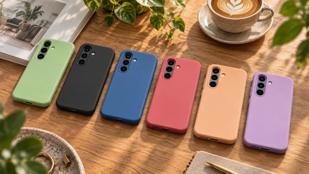 Row of six colorful smartphone cases on a wooden table beside a coffee cup and plant.