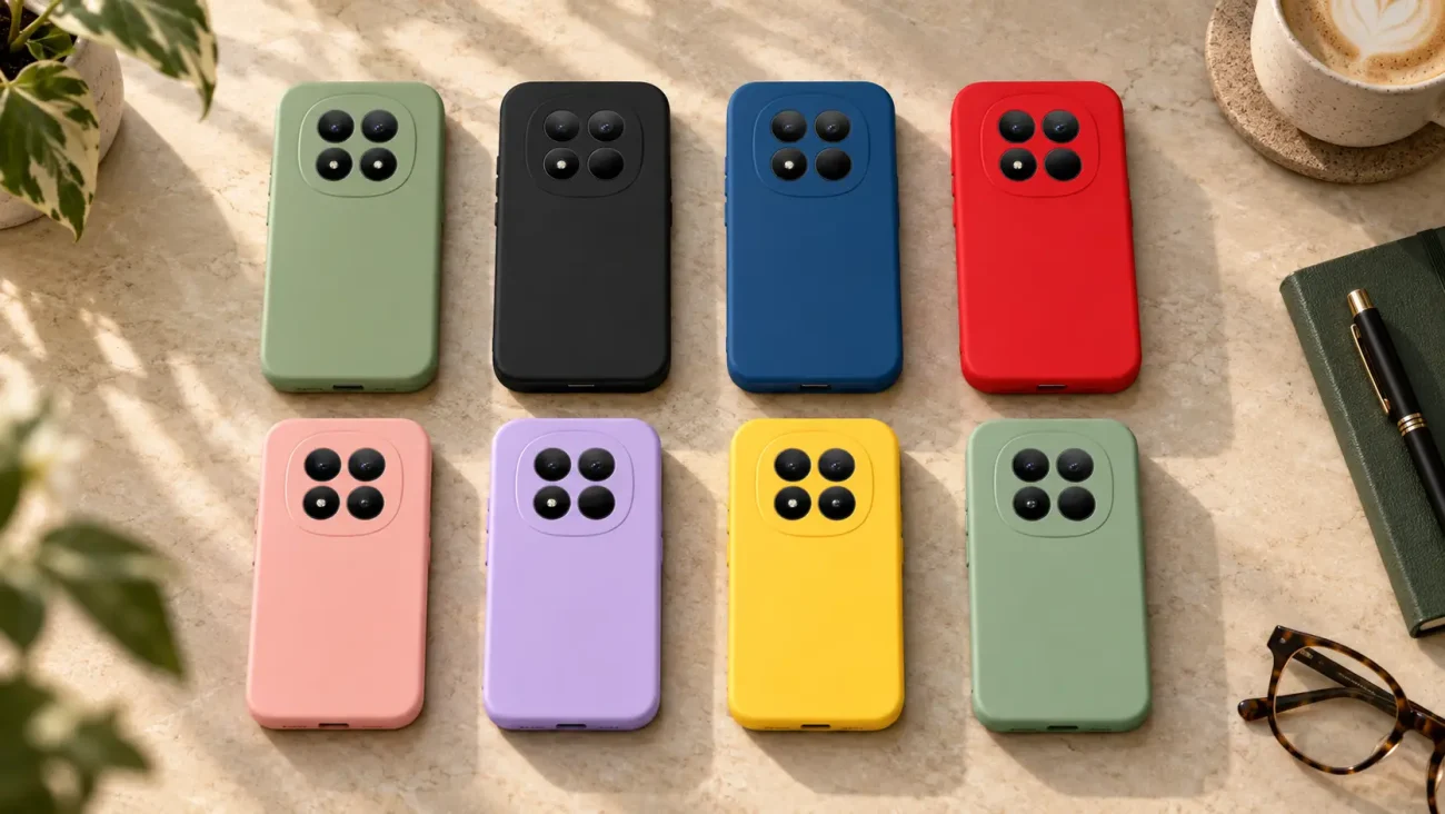 Eight pastel smartphones with quad-camera backs laid out on a beige marble table, with a plant, coffee and glasses nearby.