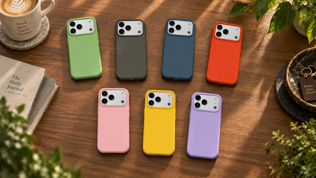Seven colorful smartphone cases arranged in two rows on a wooden table, with a latte mug, a notebook, and greenery nearby—iPhone-like cameras visible at the top edge of each case.
