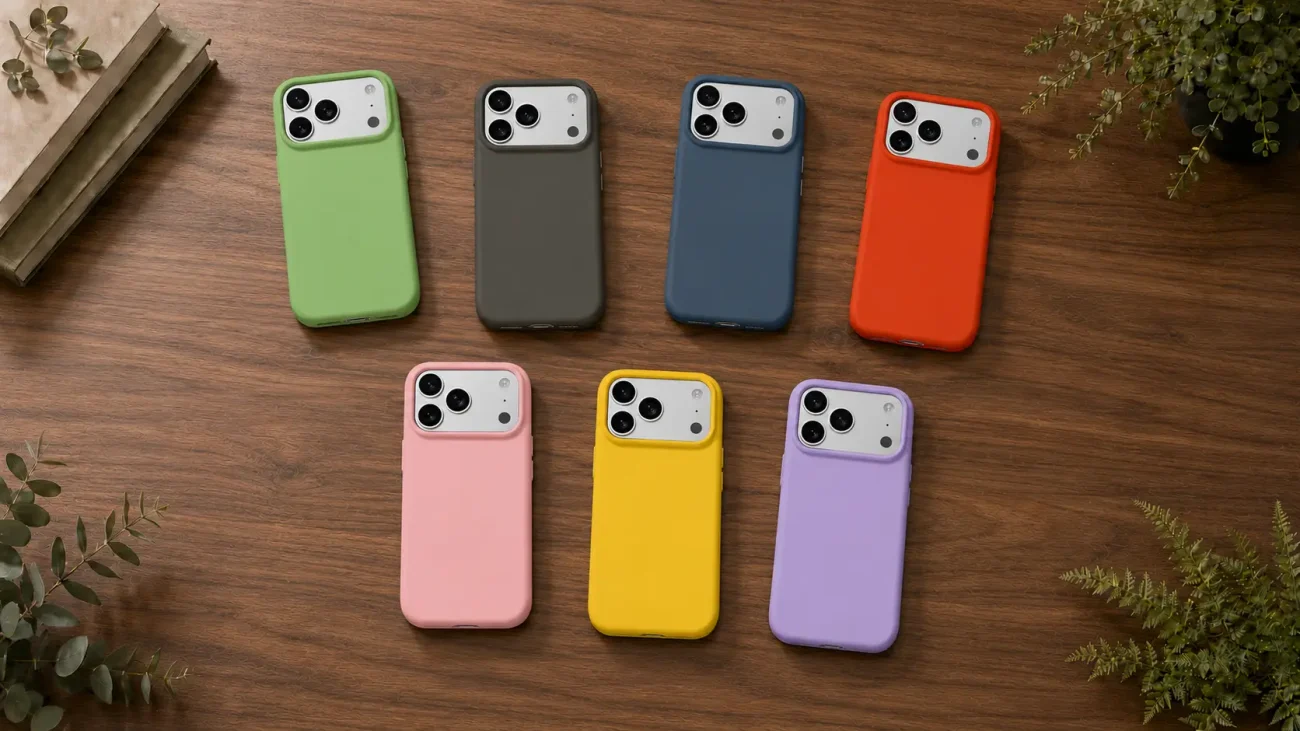 PremiumMAT ovitki za iPhone 17 Pro Max | Poceni-Ovitki.si Seven colorful phone cases laid out on a wooden table: green, gray, blue, orange, pink, yellow, and lavender. Each case has a cutout for the camera module on the top corner as shown.