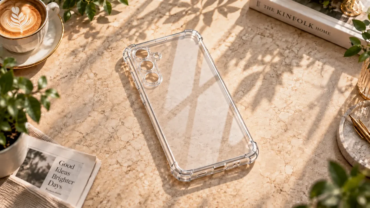 Prozoren ovitek za Samsung Galaxy S25 FE | Poceni-Ovitki.si Clear protective smartphone case on a beige marble table beside a latte, plant, and a Kinfolk Home book.