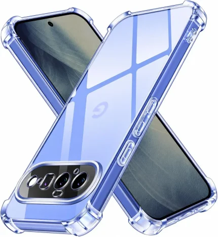 Two transparent blue rugged phone cases with reinforced corners surrounding smartphones, showing camera module and side buttons.