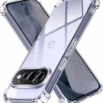 Clear protective bumper case on a modern smartphone, showing reinforced corners and side buttons inside the clear shell.