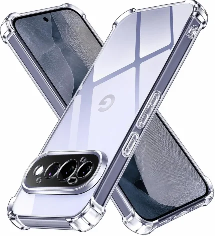 Clear protective bumper case on a modern smartphone, showing reinforced corners and side buttons inside the clear shell.