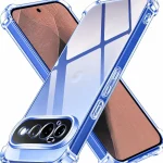 Blue transparent protective phone case wrapped around a smartphone, highlighting the camera module and clear back.