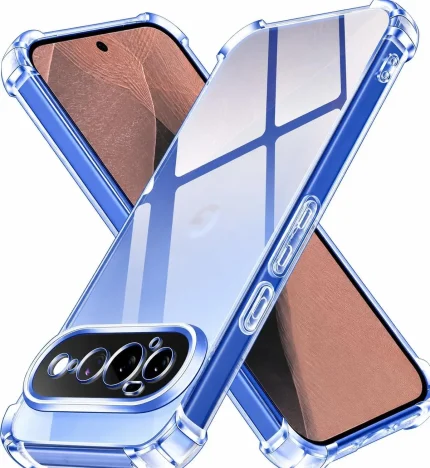Blue transparent protective phone case wrapped around a smartphone, highlighting the camera module and clear back.