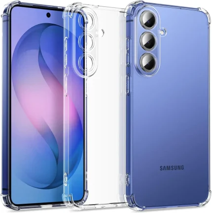 Samsung smartphone in a clear protective case, showing the blue back and triple camera array on the rear panel, front view also visible in the image.