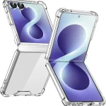 Clear protective case for Samsung Galaxy Z Flip, shown on two phones from different angles to demonstrate fit and clarity.