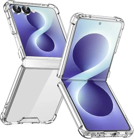 Clear protective case for Samsung Galaxy Z Flip, shown on two phones from different angles to demonstrate fit and clarity.