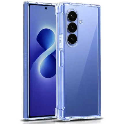 Blue smartphone in a clear protective case, showing a triple-camera setup on the back and glossy blue finish (front screen visible).