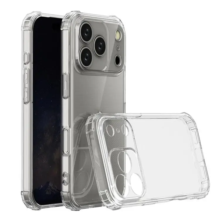 Prozoren_Ovitek-iPhone_18_Pro | Poceni-Ovitki.si Clear protective phone case for a smartphone with a triple-camera setup, shown on a white background (back and side views).