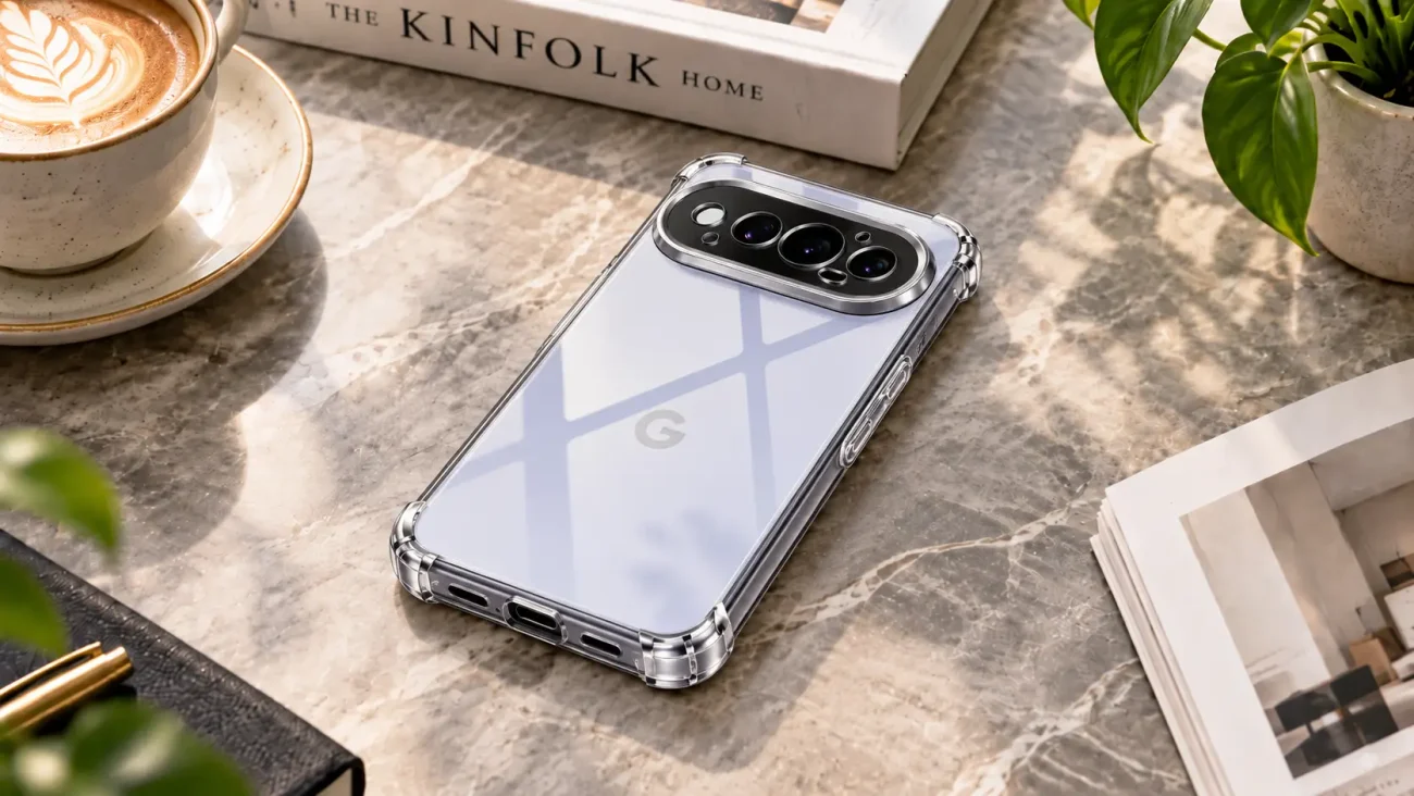 Prozorni Ovitki za Google Pixel 11 Pro | Poceni-Ovitki.si Clear-edged smartphone with a Google 'G' logo on a marble desk, next to a coffee cup and a Kinfolk Home book; leafy plant in a pot nearby.