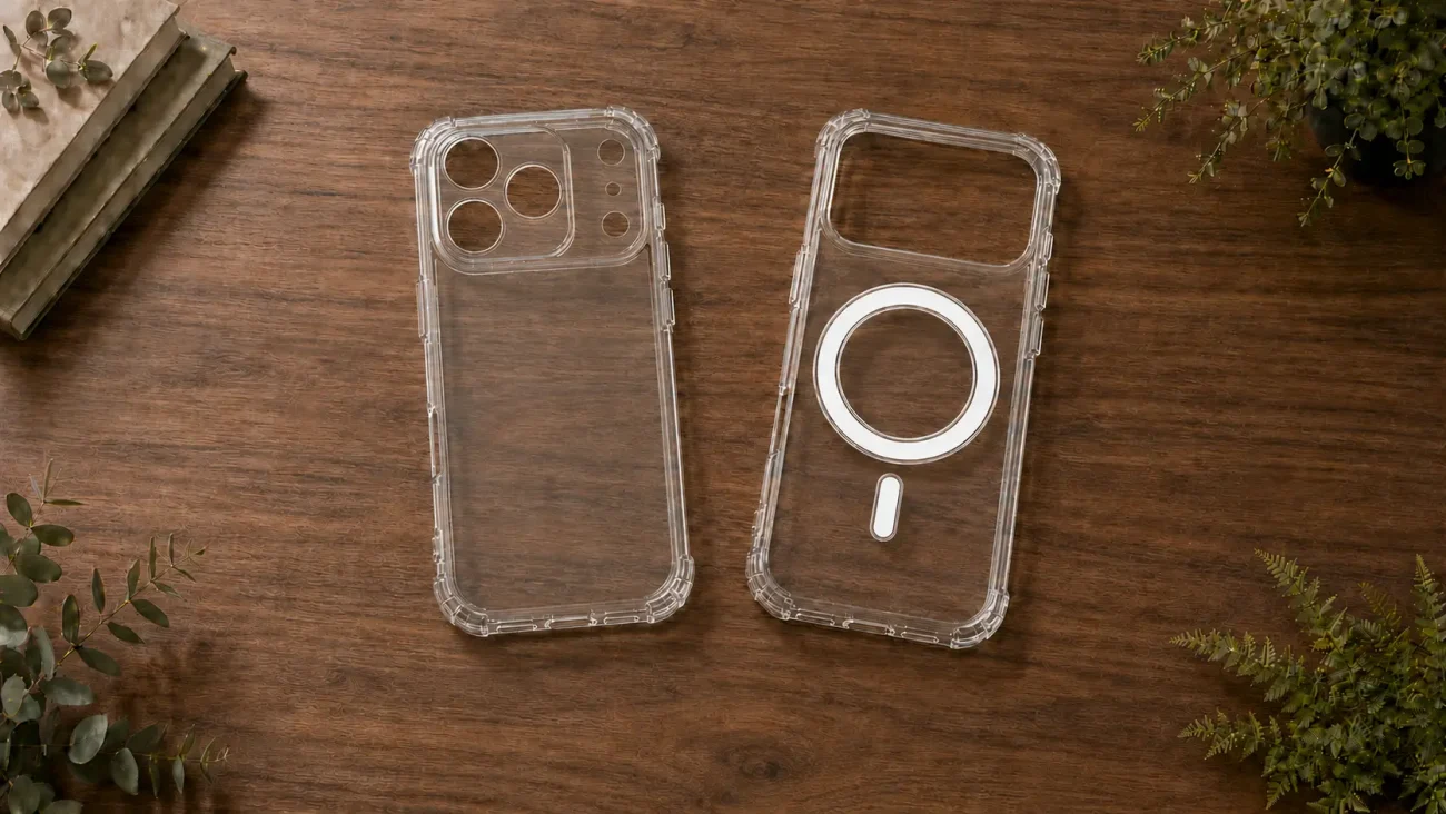 Prozorni ovitki za iPhone 17 Pro Max | Poceni-Ovitki.si Two clear smartphone cases on a wooden table; one shows camera cutouts, the other has a circular ring attachment.