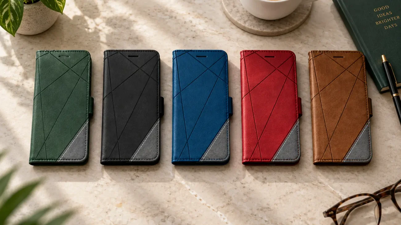 Five geometric-patterned wallet-style phone cases in green, black, blue, red, and brown laid out on a marble tabletop.