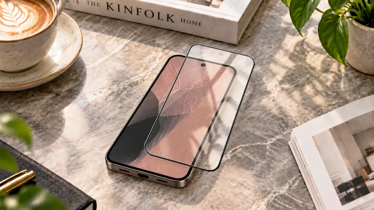 Zaščitna stekla za Google Pixel 11 Pro | Poceni-Ovitki.si Smartphone on a marble table with overlapping clear screen protectors; a coffee cup and a plant nearby for context.