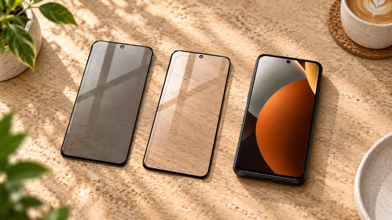 Three modern smartphones lined up on a cork table beside a potted plant and a cup of coffee.