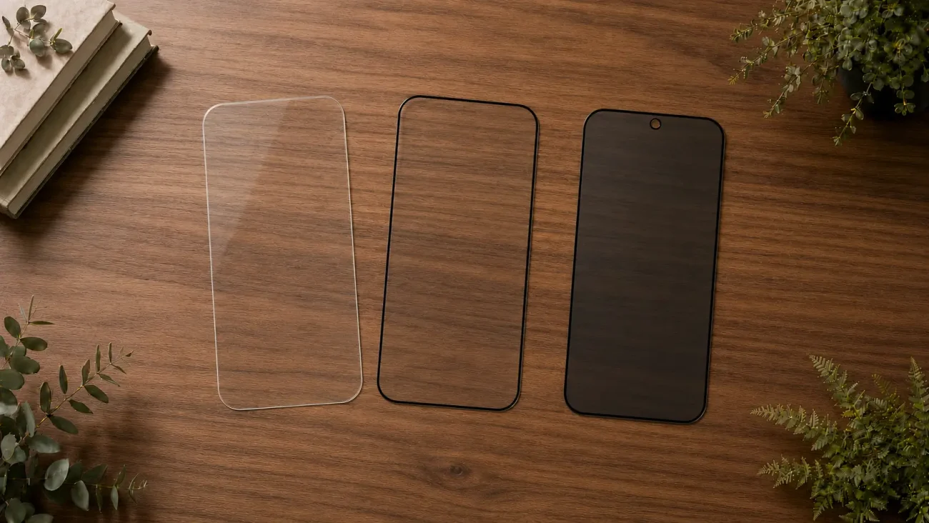 Zaščitna stekla za iPhone 17 Pro Max | Poceni-Ovitki.si Three smartphone screen protectors laid out on a wooden desk: a clear one, a black frame, and a dark-tinted protector with a front camera notch at the top edge? (if applicable)