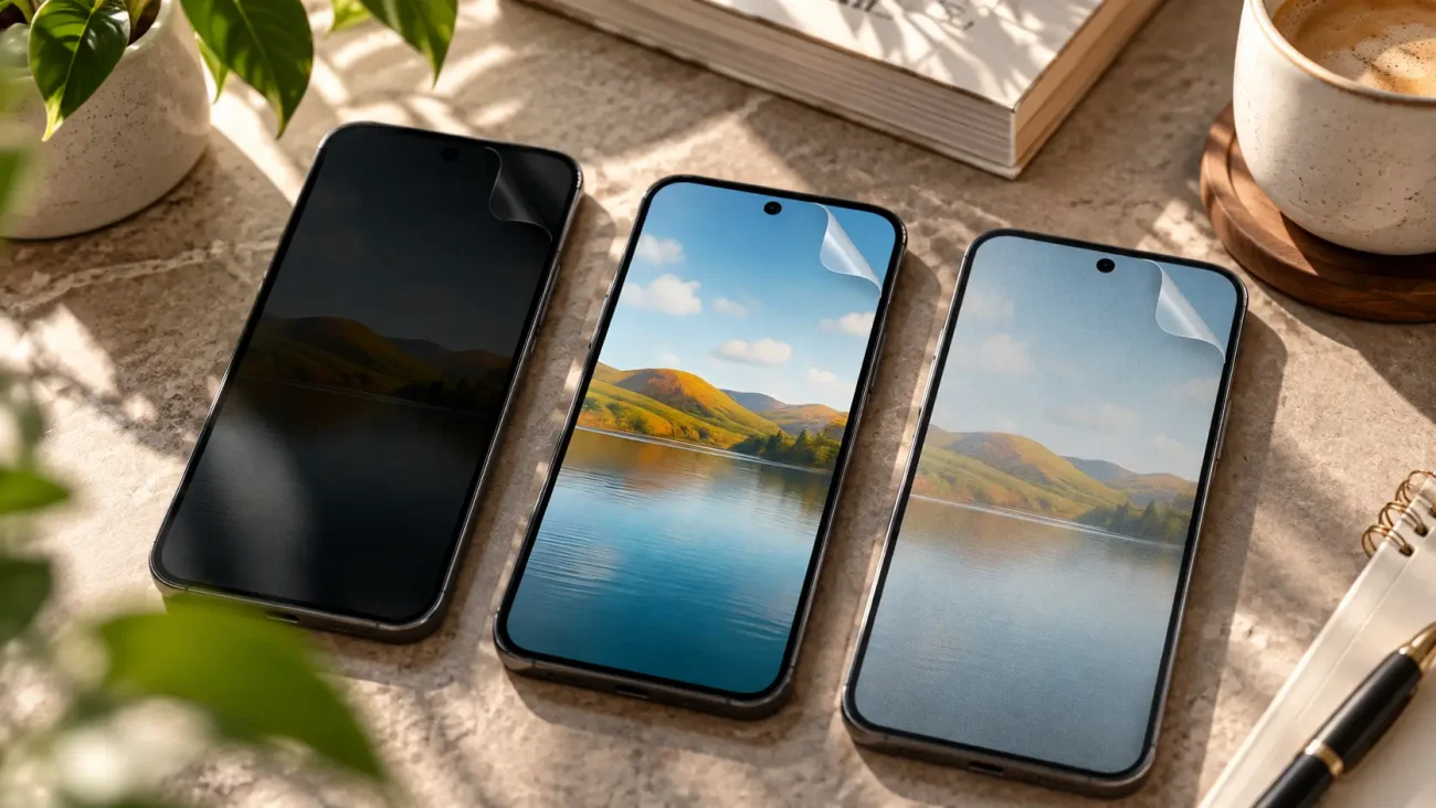 Zaščitne folije za Google Pixel 11 Pro | Poceni-Ovitki.si Three smartphones laid on a marble desk, the middle and right screens showing a lakeside landscape with hills and blue sky.