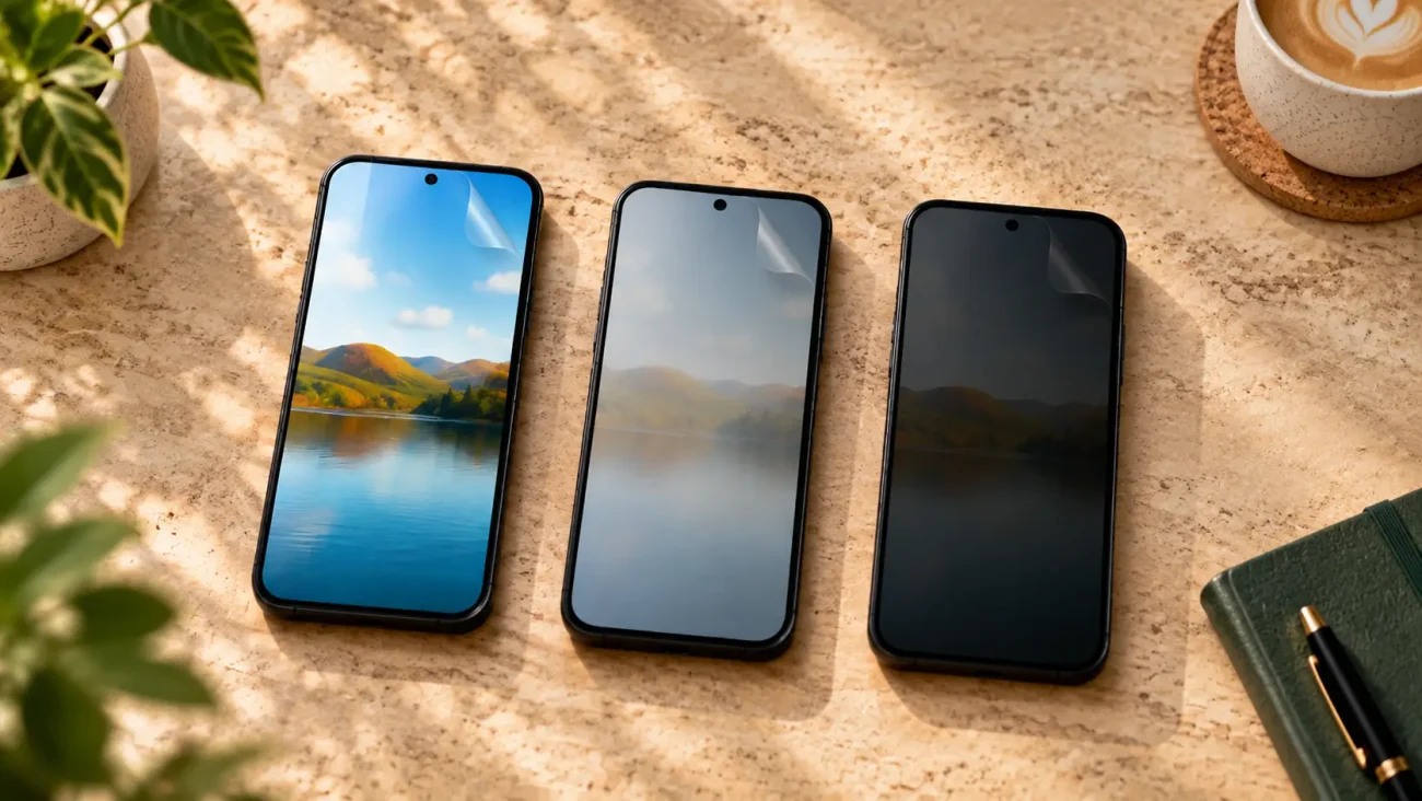 Three smartphones lie in a row on a beige textured desk, each screen showing a nature landscape; a plant pot and a coffee cup sit nearby.