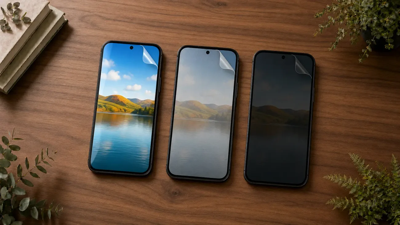 Three smartphones on a wooden table, left displaying a bright lake landscape, middle showing a gray reflective scene, right with a dark screen.