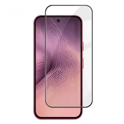Pink-framed smartphone with a clear curved screen protector hovering over the screen of the device