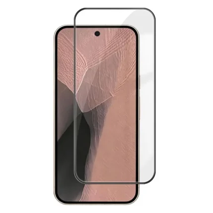 Smartphone with a curved, clear glass screen protector overlaying the screen.