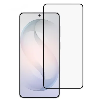 Phone with a clear tempered-glass screen protector aligned over the display, showing edge coverage around the screen.