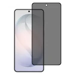 Smartphone with a translucent, rounded-edge glass screen protector laid over the display, showing camera cutouts.