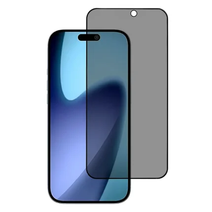 Modern smartphone with rounded corners and blue gradient wallpaper, shown with a protective screen protector behind it.