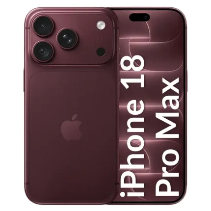 Burgundy iPhone 18 Pro Max shown from back and front, with triple camera array and vertical 'iPhone 18 Pro Max' text on the display.