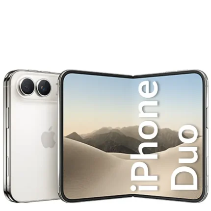 Foldable iPhone Duo smartphone opened to reveal a desert dunes wallpaper on a large inner display.
