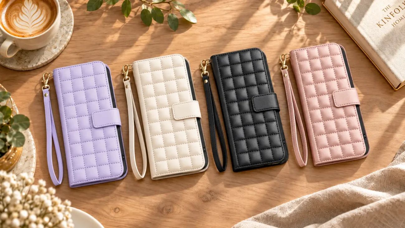 Five quilted phone-wallet cases in lavender, cream, black, and pink with attached straps on a wooden table beside a coffee cup and plant.