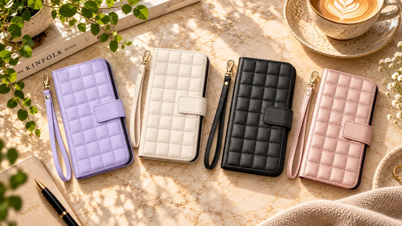 Coushin torbice za iPhone 17 | Poceni-Ovitki.si Five quilted, wrist-strap phone wallets in lavender, cream, black, and pink lined up on a marble tabletop beside a coffee cup and plants. Five quilted phone wallets with wrist straps in lavender, cream, black, and pink on a marble surface with a latte nearby.