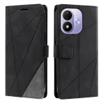 Black wallet-style phone case with a diagonal geometric stitch pattern and magnetic clasp, shown from front and back design.