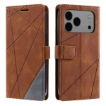 Brown leather flip-style phone case with geometric stitched lines, shown from front and back with camera opening visible on the back view.
