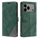 Green wallet-style leather phone case with diagonal geometric stitching, shown from front and back views
