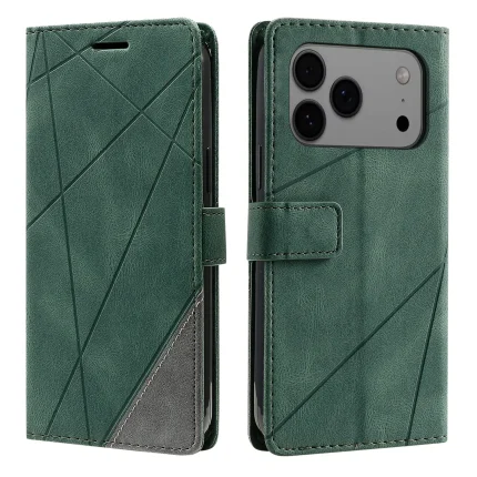 Green wallet-style leather phone case with diagonal geometric stitching, shown from front and back views