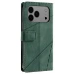 Green leather folio phone case for a smartphone, back view with triple-camera cutout and magnetic strap closure
