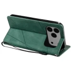 Green textured folio phone case with built-in stand, propping up a triple-camera iPhone and a wrist strap attached.