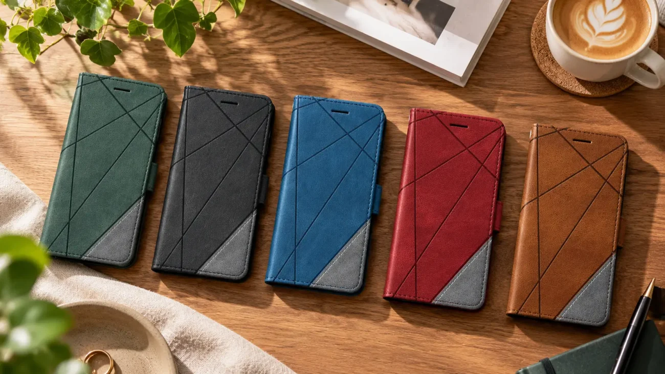 Five geometric-patterned phone wallet cases in green, black, blue, red, and brown arranged on a wooden table, with a coffee cup and greenery nearby.