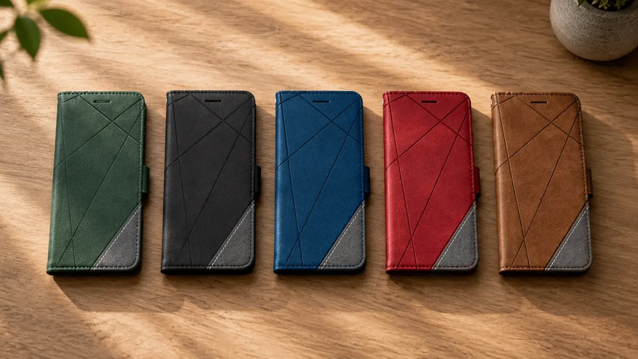 Flip Line torbice za Xiaomi Redmi Note 15 Pro 4G | Poceni-Ovitki.si Five leather wallet-style phone cases in green, black, blue, red, and brown laid out on a wooden table.