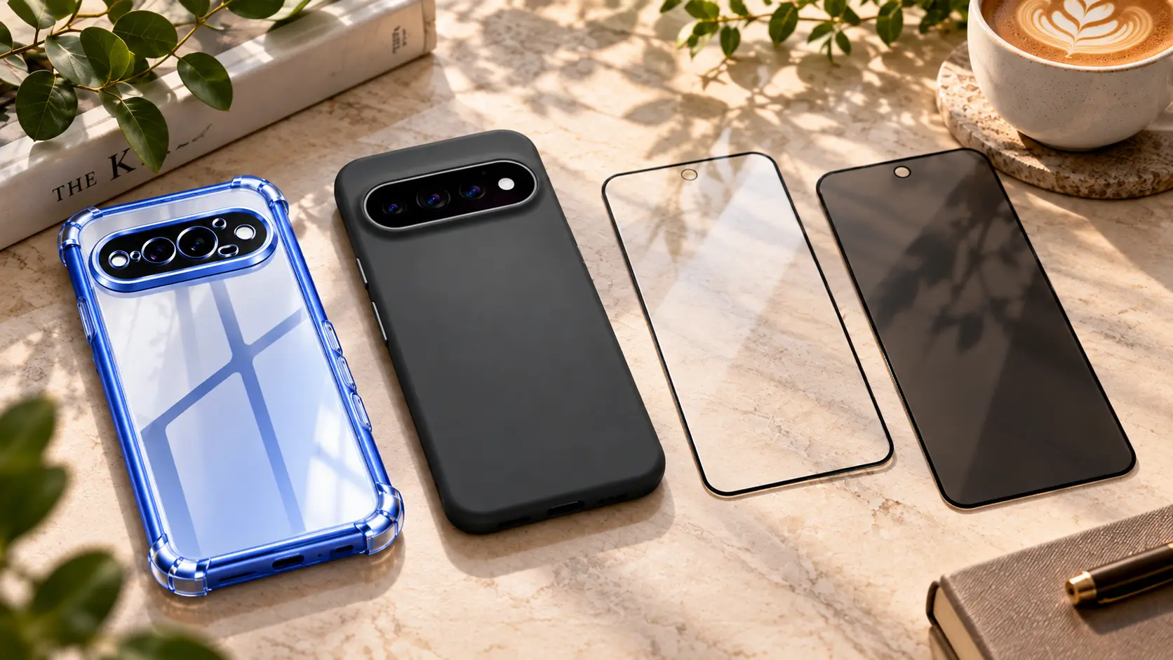 Set of smartphone cases and screen protectors laid out on a marble table with a coffee cup nearby, showcasing protective accessories for phones.