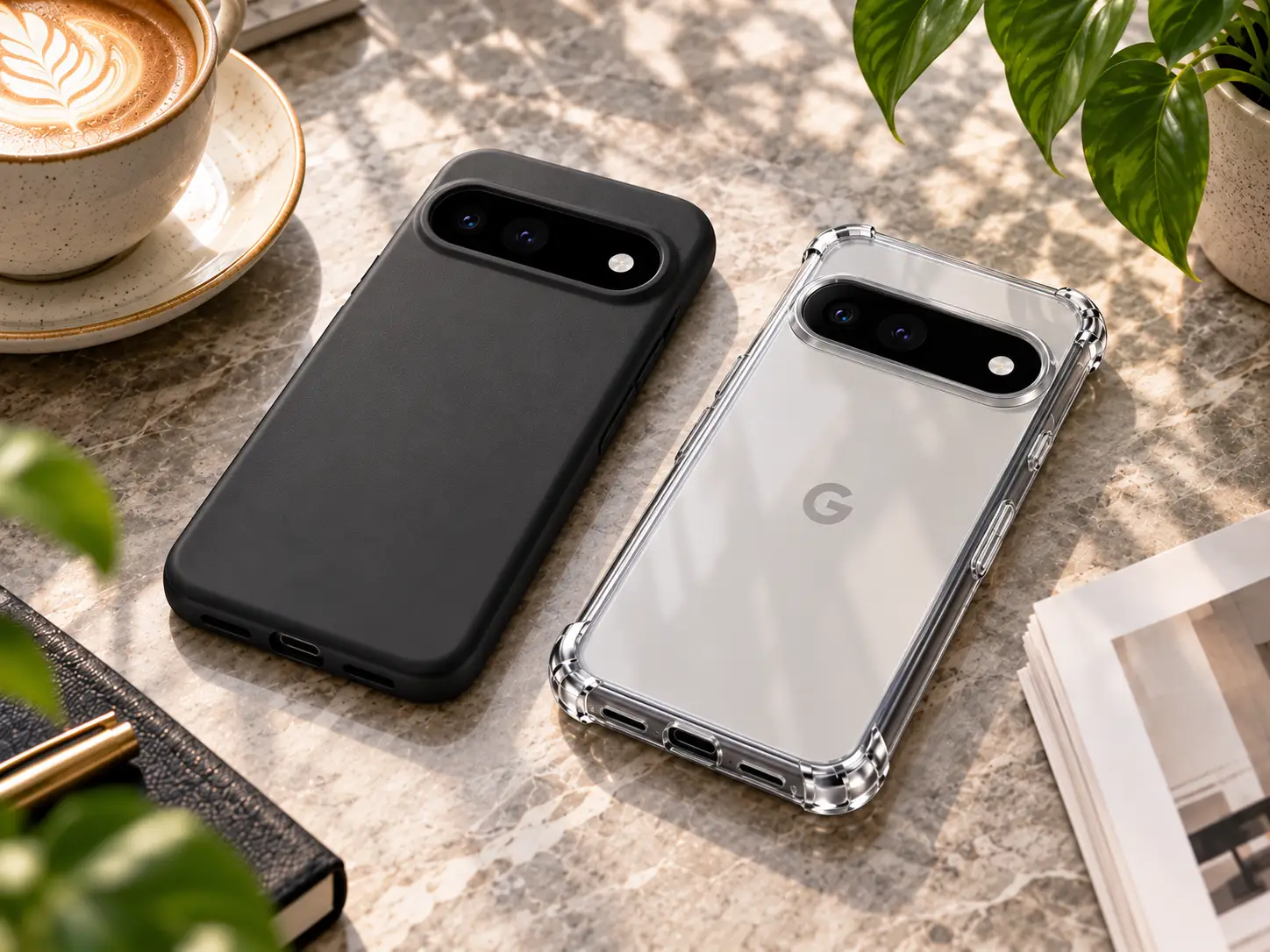 Two Google Pixel phones in protective cases (black and clear) lie on a marble table beside a coffee cup and a plant.